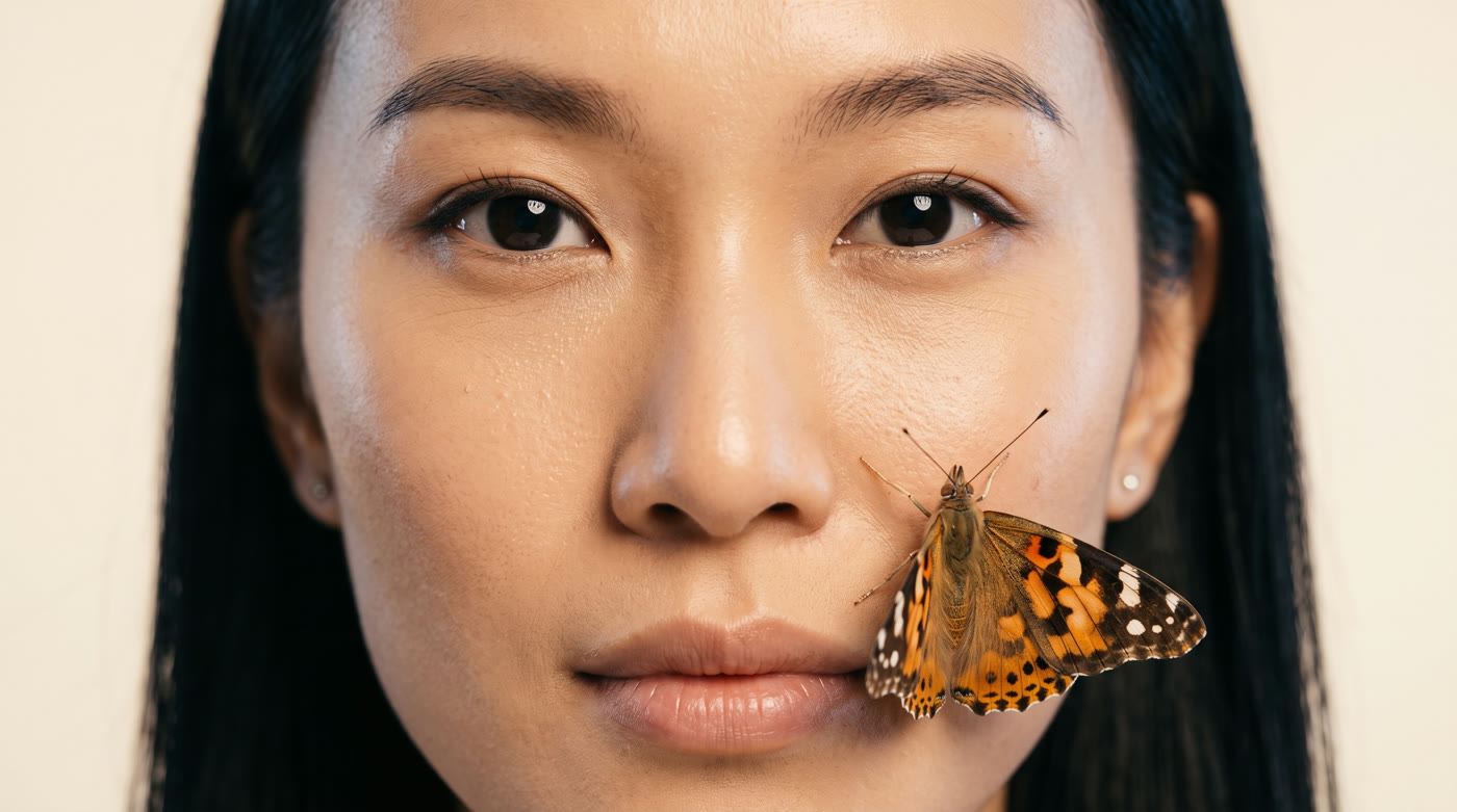 Macro close-up with a butterfly on the cheek