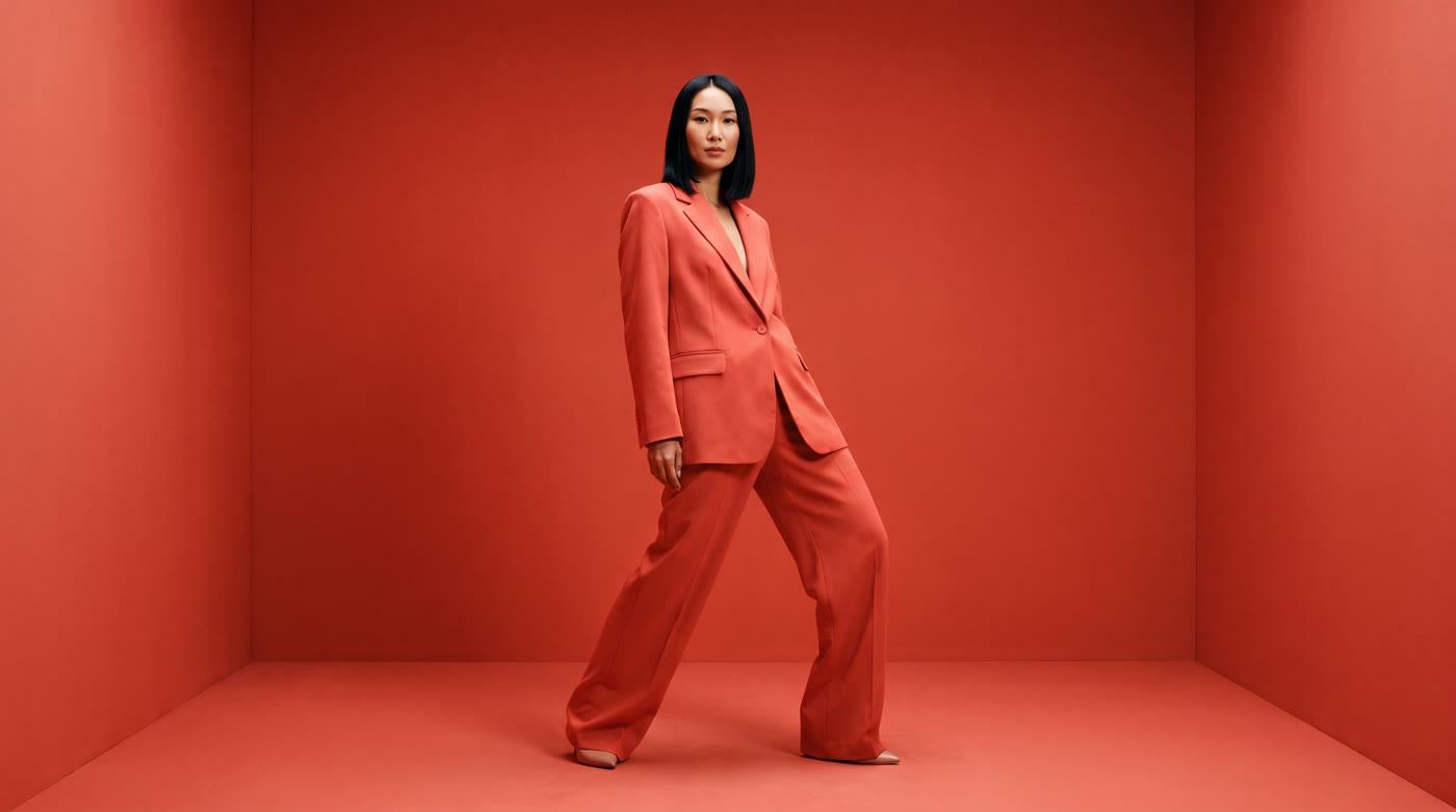 Red tailored suit on a red backdrop