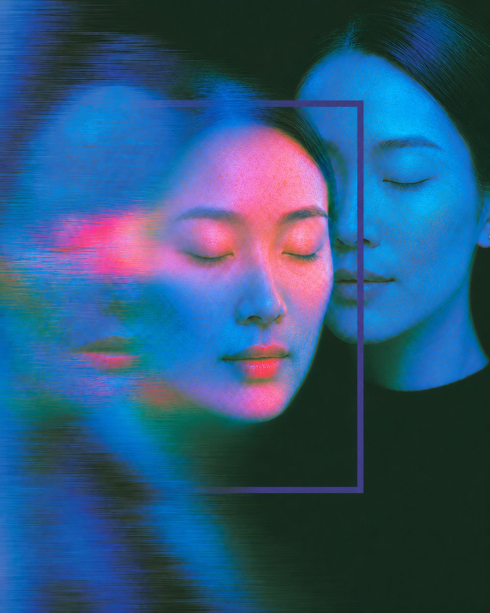 Blue-and-magenta double-exposure portrait