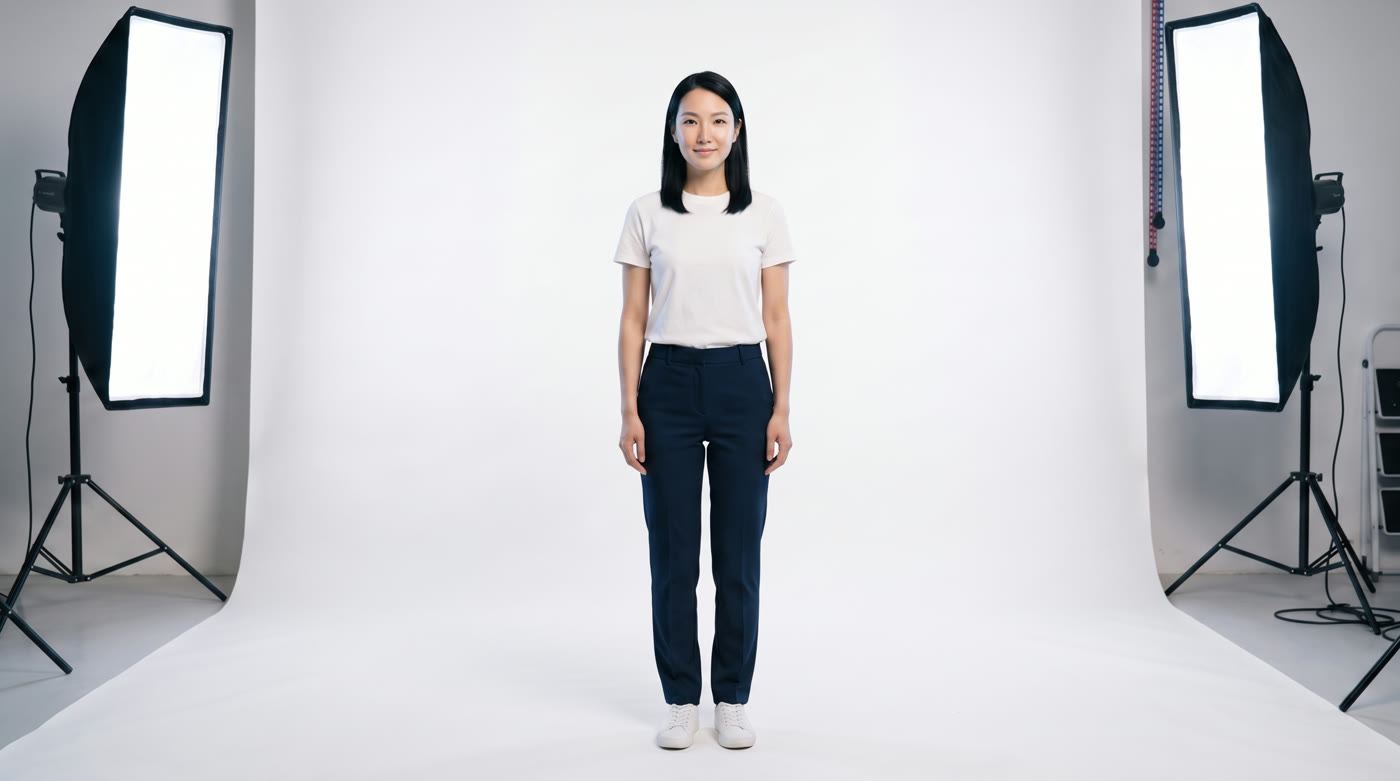 Full-length studio portrait on a white cyclorama